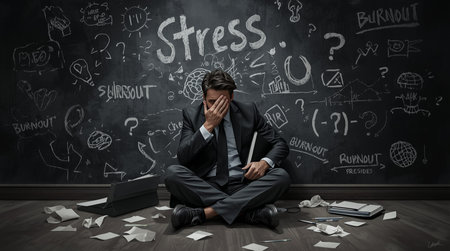 A person in a business suit sits on the floor surrounded by scattered papers, holding a folder and...
