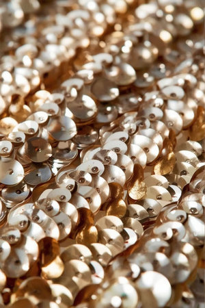 A close-up of densely packed gold and silver sequins with reflective surfaces. The circular sequins overlap to create a sparkling, textured surface ideal for fashion, decoration, or festive backgrounds.の素材