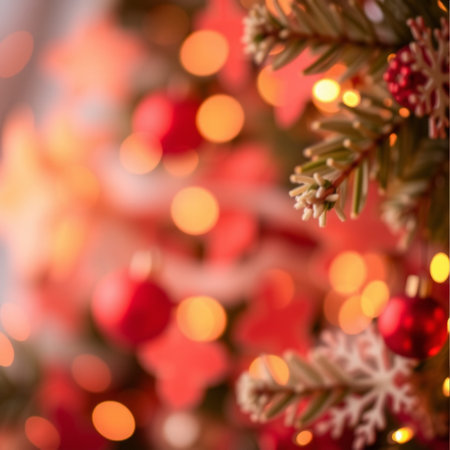 A close-up of a decorated Christmas tree featuring green pine needles, a red bauble, and a white snowflake ornament. Warm bokeh lights in the background create a cozy and joyful holiday atmosphere.の素材