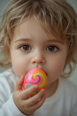 A child with light brown hair holds a colorful Easter egg with swirling patterns in pink, purple, orange, yellow, and blue. The soft blue-gray background enhances the festive and curious mood.の素材