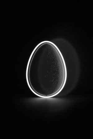 A translucent egg-shaped object glows against a black background, with scattered internal particles and a faint reflection. The minimalist composition evokes themes of science, mystery, and digital art.の素材