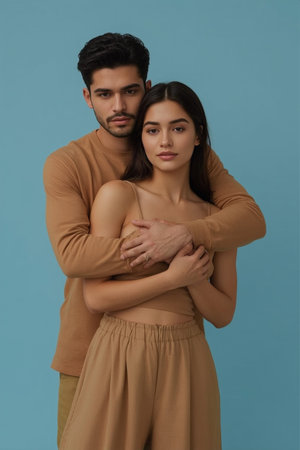 A couple stands closely together, one in a mustard yellow dress and the other in a brown shirt, embracing against a solid light blue background. The scene conveys warmth, connection, and emotional closeness.の素材