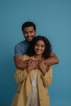 A couple stands closely together, one in a mustard yellow dress and the other in a brown shirt, embracing against a solid light blue background. The scene conveys warmth, connection, and emotional closeness.の素材