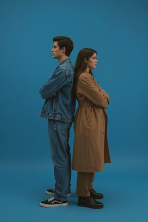 A symmetrical composition of two people in gray and black suits standing upright and facing opposite directions. The solid blue backdrop emphasizes contrast, professionalism, and equality.の素材