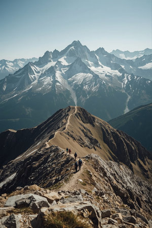 Group of hikers walking along a winding trail on a mountain ridge with dramatic alpine backdrop. Captures adventure, nature, and exploration. Ideal for travel, outdoor, and landscape themes.の素材