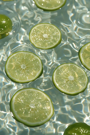 Several lime slices drift on water, surrounded by ripples and shimmering light patterns. The vibrant colors and fluid motion evoke freshness and summer vibesの素材