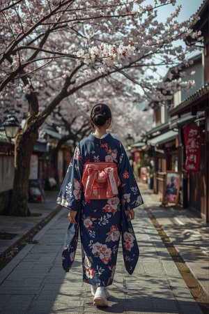 A serene and culturally rich image of a person dressed in a traditional Japanese kimono walking down a stone-paved street lined with cherry blossom trees in full bloom. The dark blue kimono features a floral pattern and is paired with a pink obi sash tied at the back. The street is flanked by historic wooden buildings adorned with signs and banners, evoking the charm of a traditional Japanese district. The blooming cherry blossoms overhead create a picturesque springtime atmosphere, making this image ideal for themes of travel, culture, heritage, and seasonal beauty.の素材