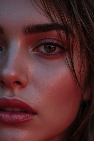 Detailed close-up of a person's face showing hazel eye, smooth skin, and natural features. Dramatic lighting adds depth. Ideal for beauty, portrait, and emotional expression themes.の素材