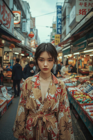 A young woman wearing a traditional floral kimono with a red obi and plaid overcoat walks through a bustling Japanese market street. Surrounded by colorful stalls, hanging signs, and local shoppers, the scene blends cultural heritage with urban life. The atmosphere is lively, authentic, and rich in visual detail.の素材