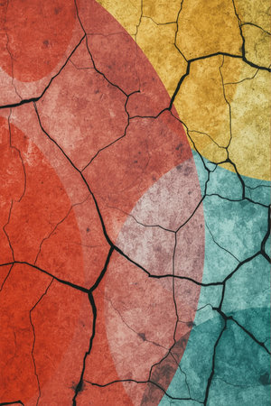 Close-up of a weathered surface with cracked paint in vibrant red, yellow, and blue sections. Ideal for abstract art and textured design.の素材