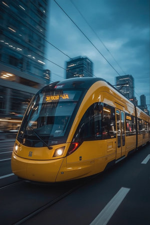 Modern high-speed yellow tram in Bangkok.の素材