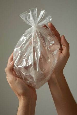 Female hands holding a plastic bag with garbage on a gray background.の素材
