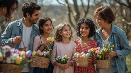 Happy family holding basket with tulips and easter eggs in gardenの素材