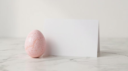 Blank business card and pink easter egg on white marble tableの素材