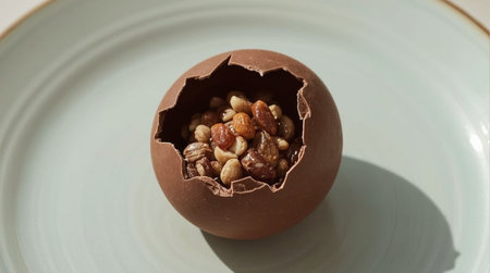 Chocolate egg with nuts and raisins on a white plateの素材