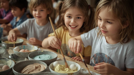 Group of kids learning to make dough in kindergarten class. Selective focus.の素材