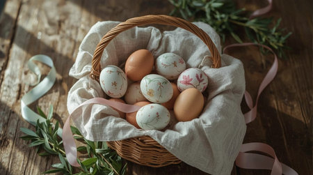 Easter eggs in a basket on a rustic wooden background.の素材