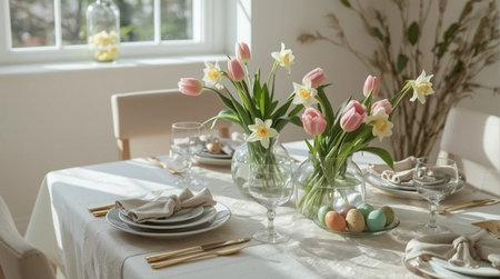Easter table setting with tulips and easter eggs in vintage styleの素材