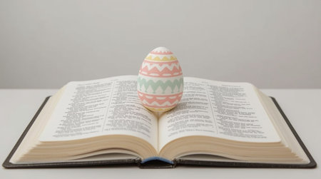 Colorful easter egg on an open book on a white backgroundの素材