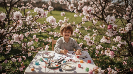 Cute little boy painting with paints in the garden, spring timeの素材