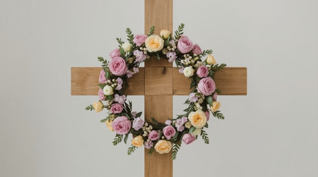 wedding flower arrangement on the wooden cross with white wall backgroundの素材
