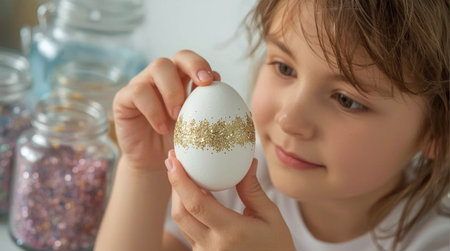 Little girl decorating Easter egg with glitter, closeup. Happy easter conceptの素材