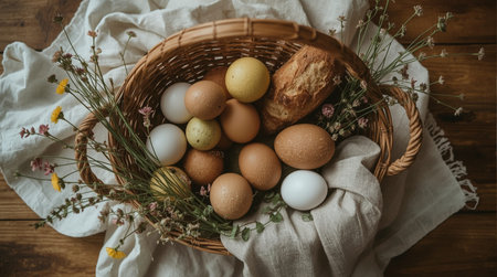 Easter eggs in a basket with a linen napkin on a wooden backgroundの素材