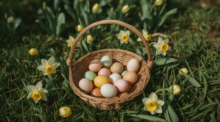 Easter eggs in a basket on green grass with daffodilsの素材