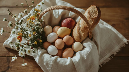 Easter basket with eggs, bread and flowers on a wooden backgroundの素材