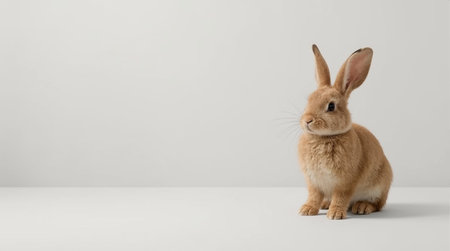 Cute brown rabbit sitting on white background with copy space, easter conceptの素材