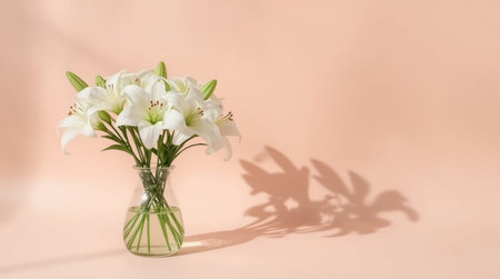bouquet of white lilies in vase on pink backgroundの素材