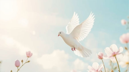 White dove flying in the sky with magnolia flower background. Freedom concept.の素材