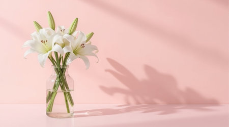 Bouquet of white lilies in a vase on a pink backgroundの素材