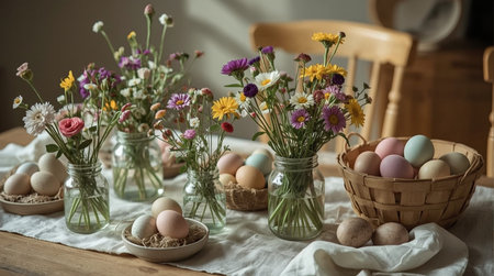 Easter eggs and flowers on a rustic wooden table. Selective focus.の素材