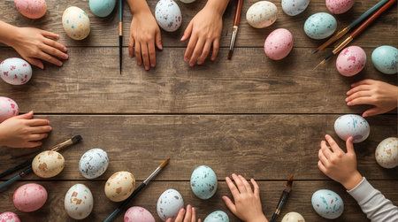 Top view of kids hands painting Easter eggs on wooden table, copy spaceの素材
