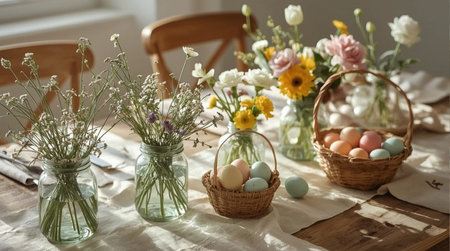 Easter table setting with colorful eggs and spring flowers, selective focusの素材