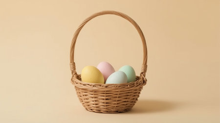 Colorful easter eggs in a basket on a beige backgroundの素材