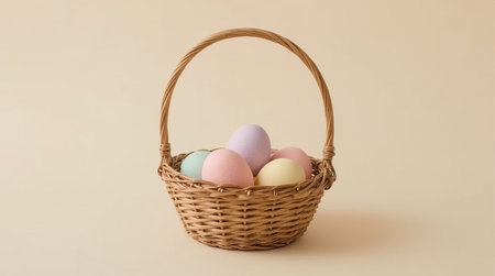 Colorful easter eggs in a basket on a beige backgroundの素材