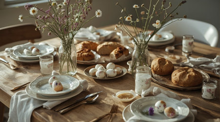 Easter table setting with white flowers in vases and cutleryの素材