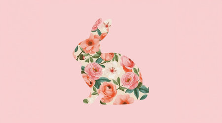 Easter basket with colorful eggs, bunny and flowers on wooden tableの素材