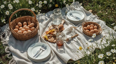 Easter table setting with basket of eggs and wine in countryside.の素材