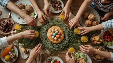 Easter greeting card with pink bunny, eggs and flowers on gray backgroundの素材