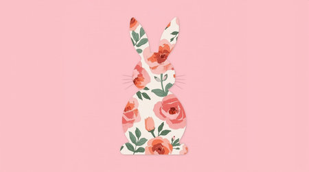 Easter bunny with flowers on a pink background. Vector illustration.の素材