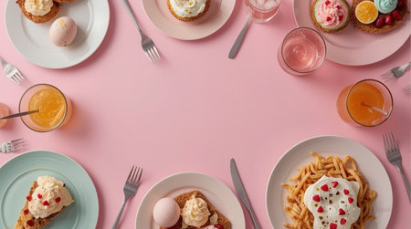 top view of delicious cakes and pastries on pink background, panoramic shotの素材