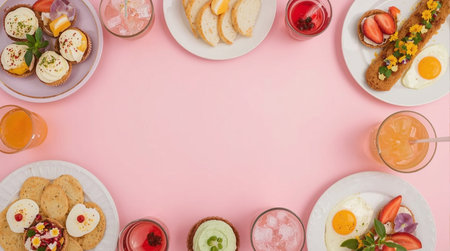 top view of tasty breakfast on pink background with copy space, flat layの素材