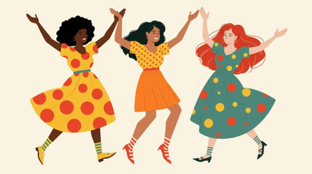 Happy girls in polka dot dresses dancing and jumping. Vector illustration.の素材