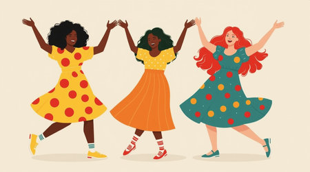 Vector illustration of happy girls dancing, having fun in summer dresses.の素材