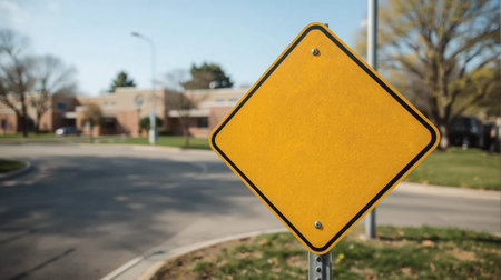 Blank yellow traffic sign on a street in front of a schoolの素材