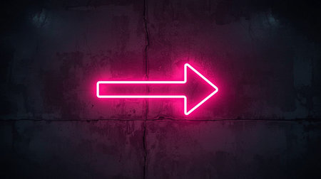 Neon glowing arrow icon on dark brick wall. 3D renderingの素材