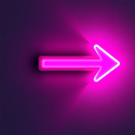 Illustration of a neon arrow on a dark background with a purple glowの素材